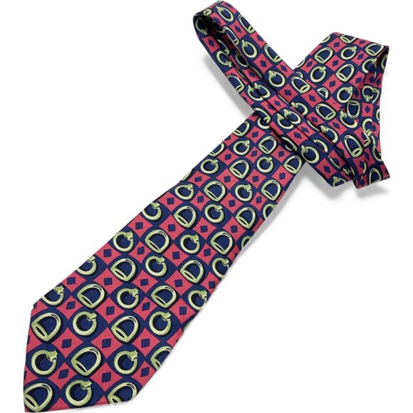 Gucci Silk Tie Italy Made Vintage Horsebit Pink Blue Geometric Horse Equestrian - Picture 2 of 9